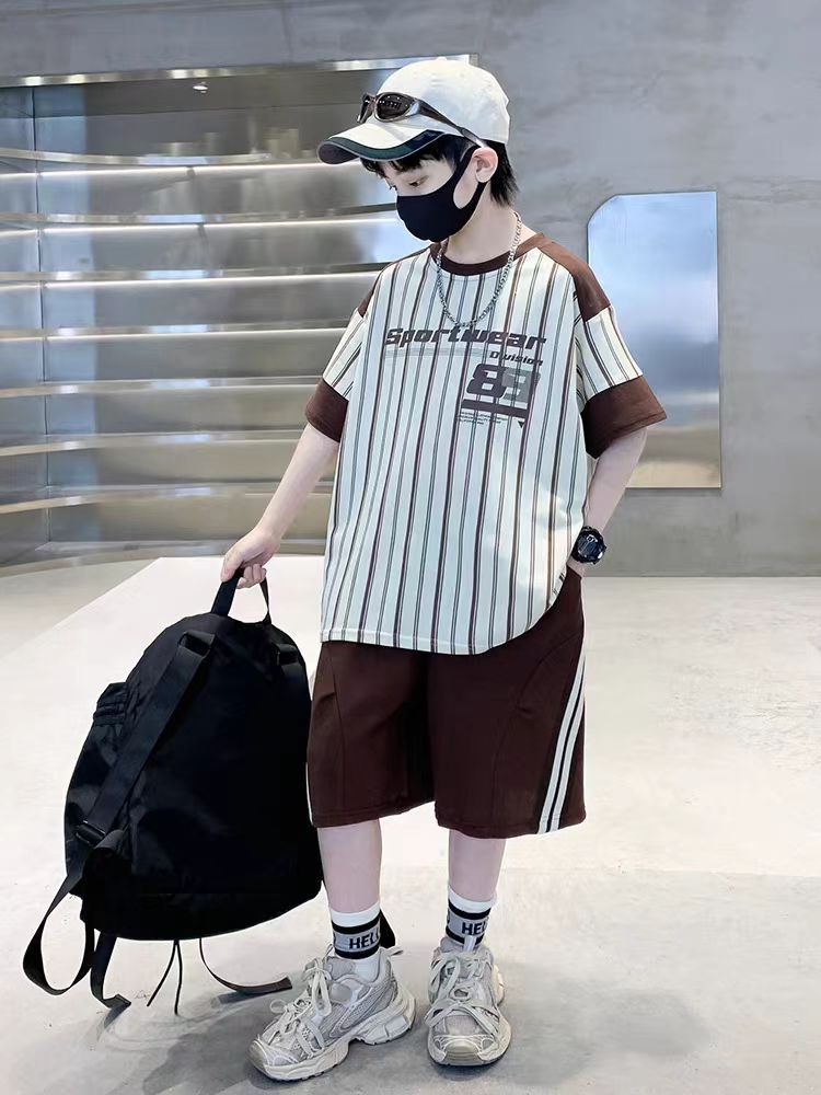 Children's Clothing Boys Summer Middle Big Handsome Stripes Short Sleeve Children's Suit