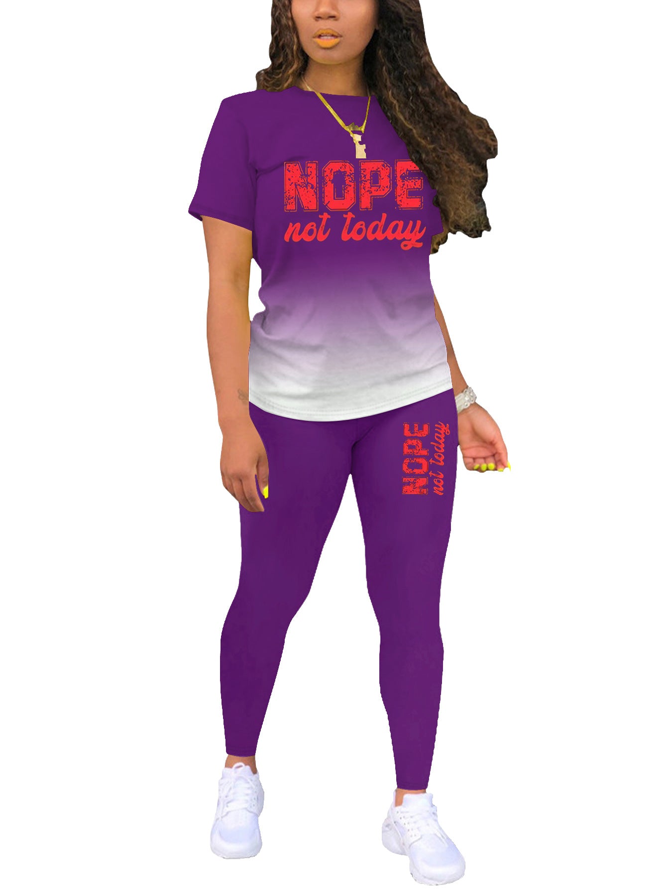 Women's Solid Color Gradient Printing Round Neck Sleeve T-shirt Fashion Casual Suit