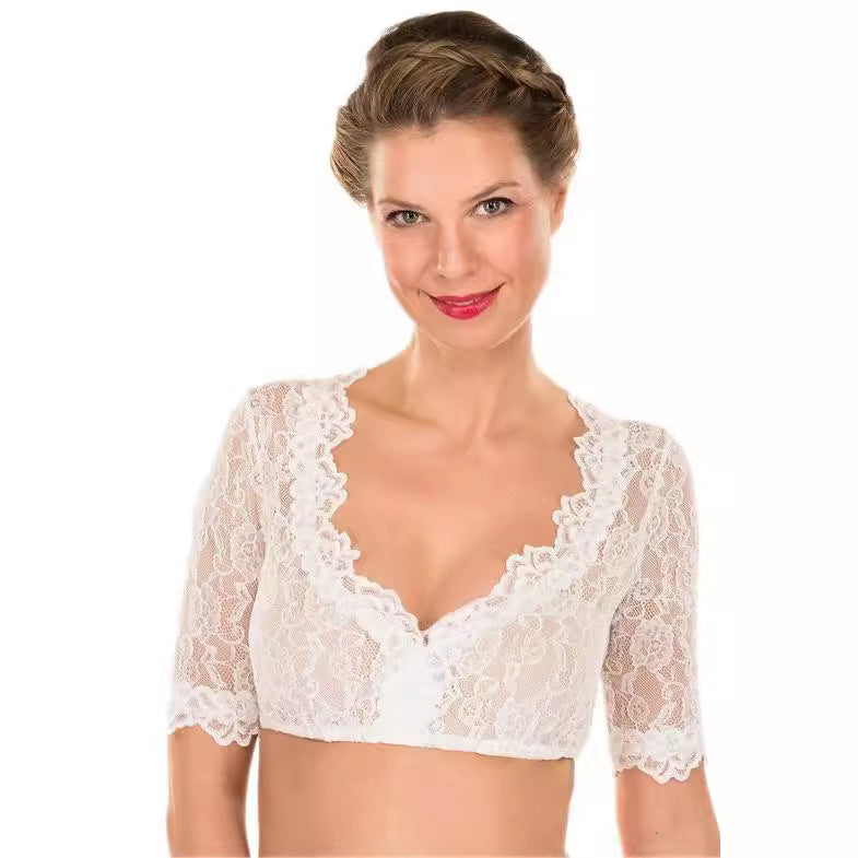 Women's Bavarian Traditional Ding Dong Small White Lace Shirt, Chiffon Shirt