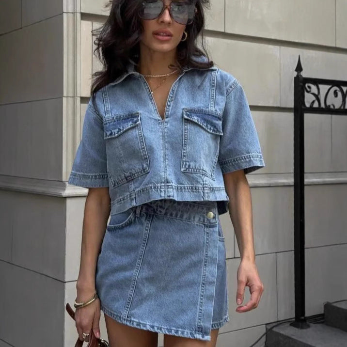 Double Breasted Pullover Denim Shirt High Shorts