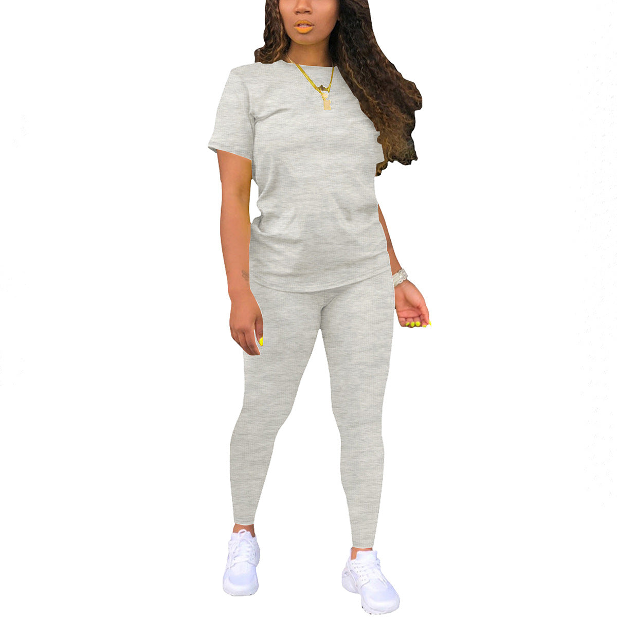 Women's Solid Color Gradient Printing Round Neck Sleeve T-shirt Fashion Casual Suit