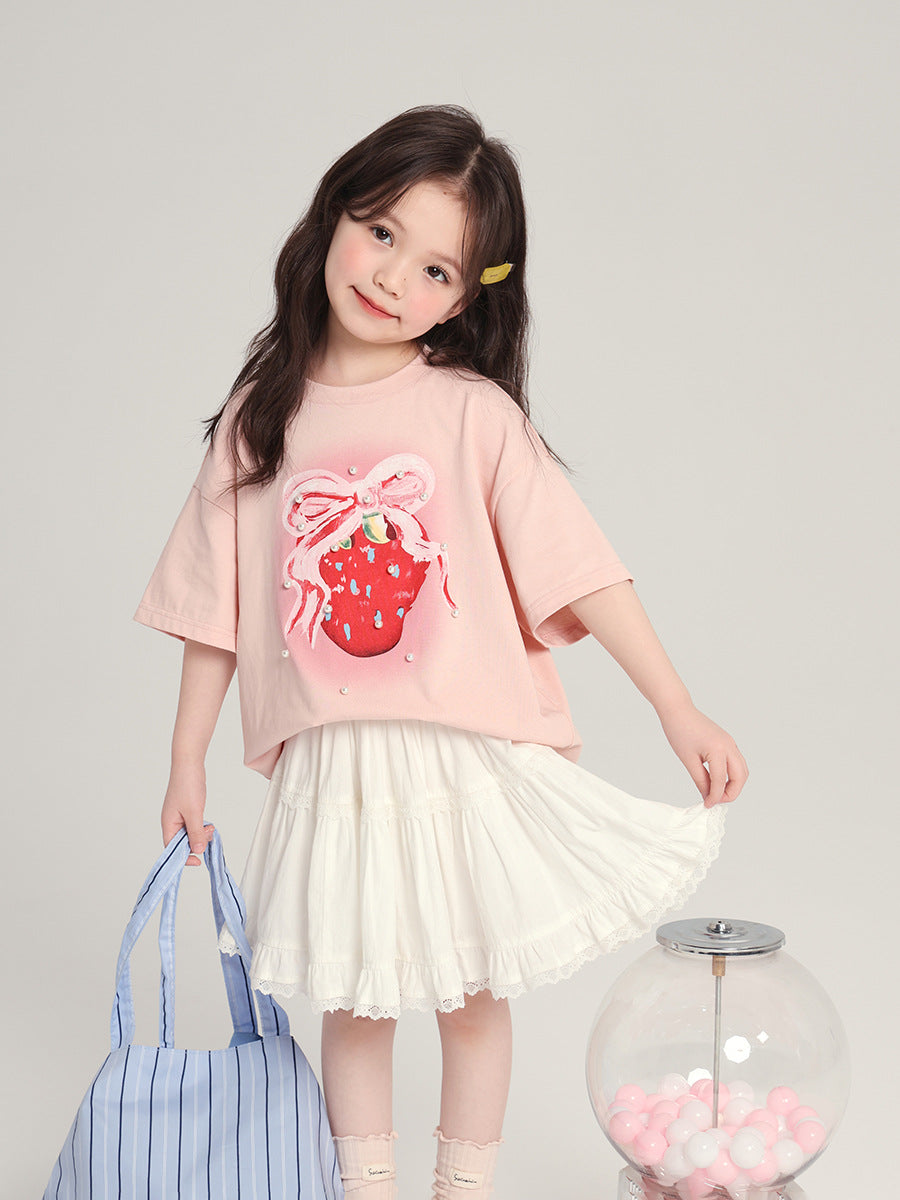 Sweetheart Strawberry Short-sleeved Sweet Pearl Decorative Pullover Children's T-shirt