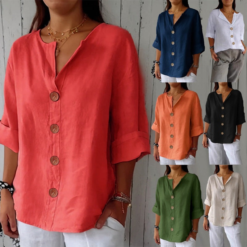 Women's Casual Cotton Linen Solid Color Breasted Plus Size