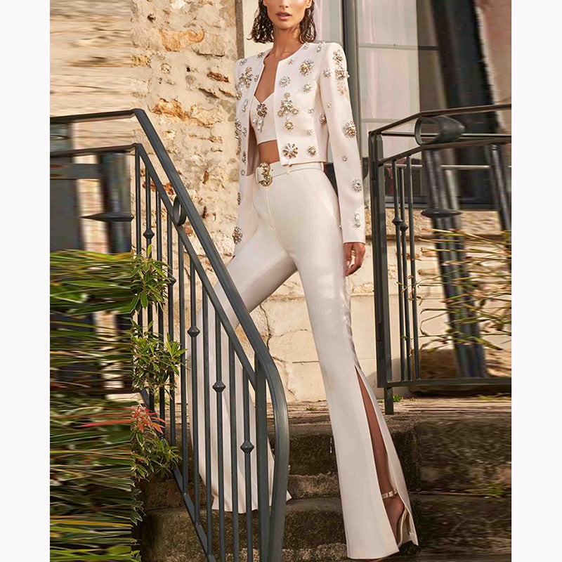 Stylish Round Neck Bead Split Flared Fashion Casual Suit