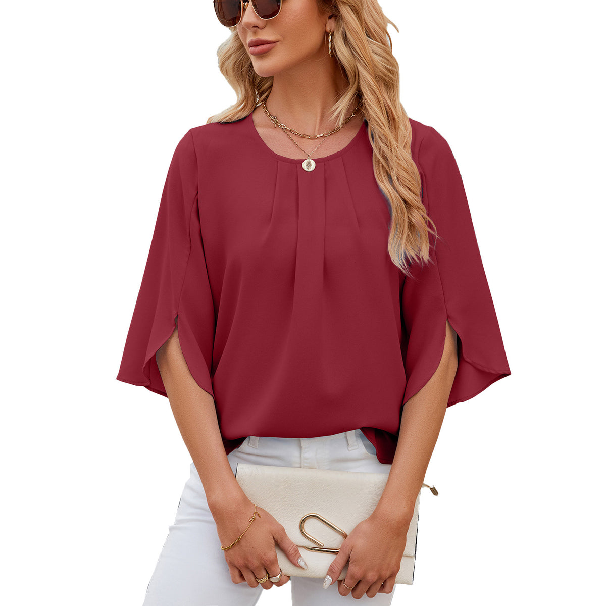 Women's Color Round Neck Half Sleeve Loose Lace Shirt, Chiffon Shirt
