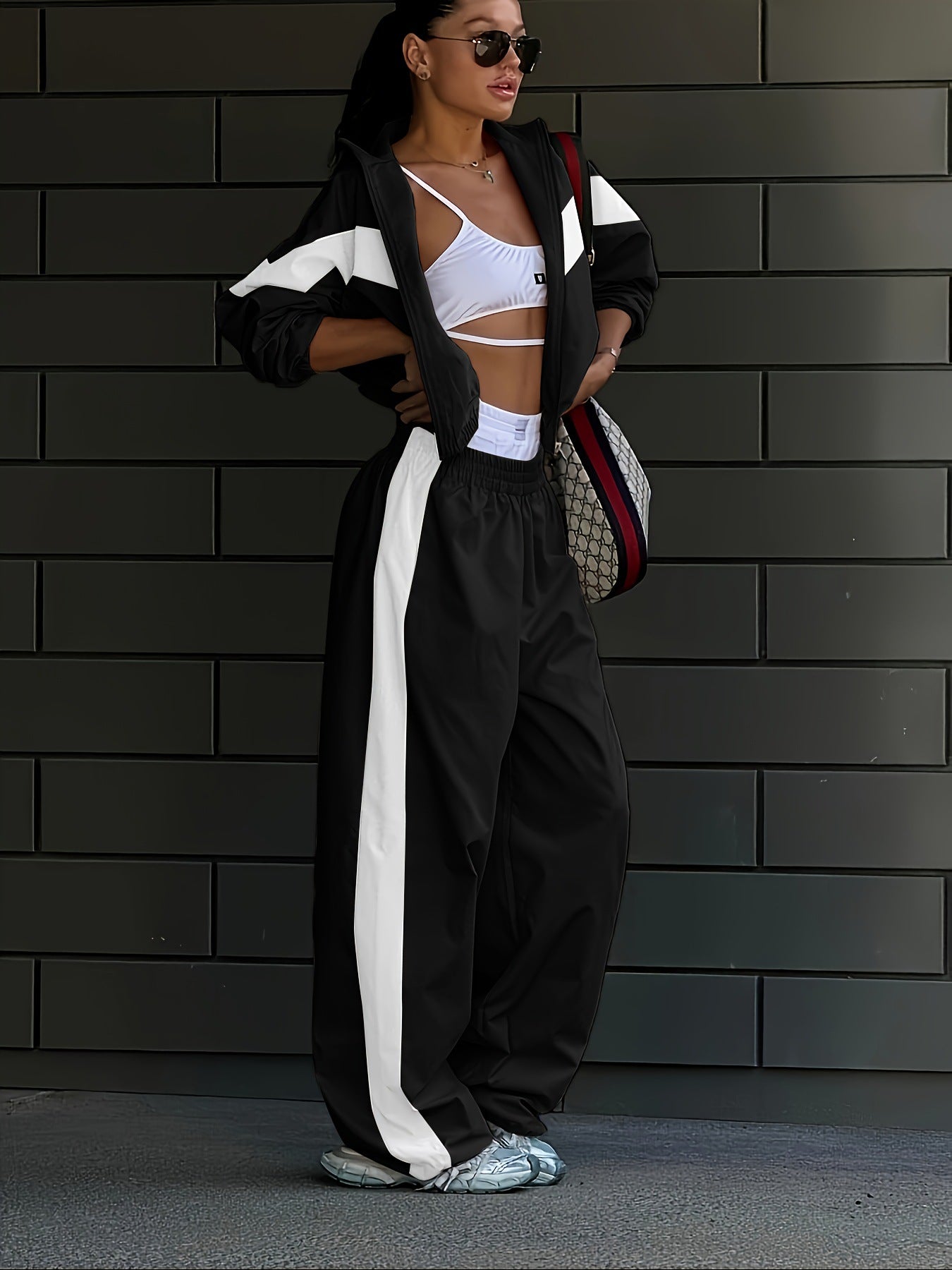 Women's American Elastic Fashionable Trousers Contrast Color Fashion Casual Suit