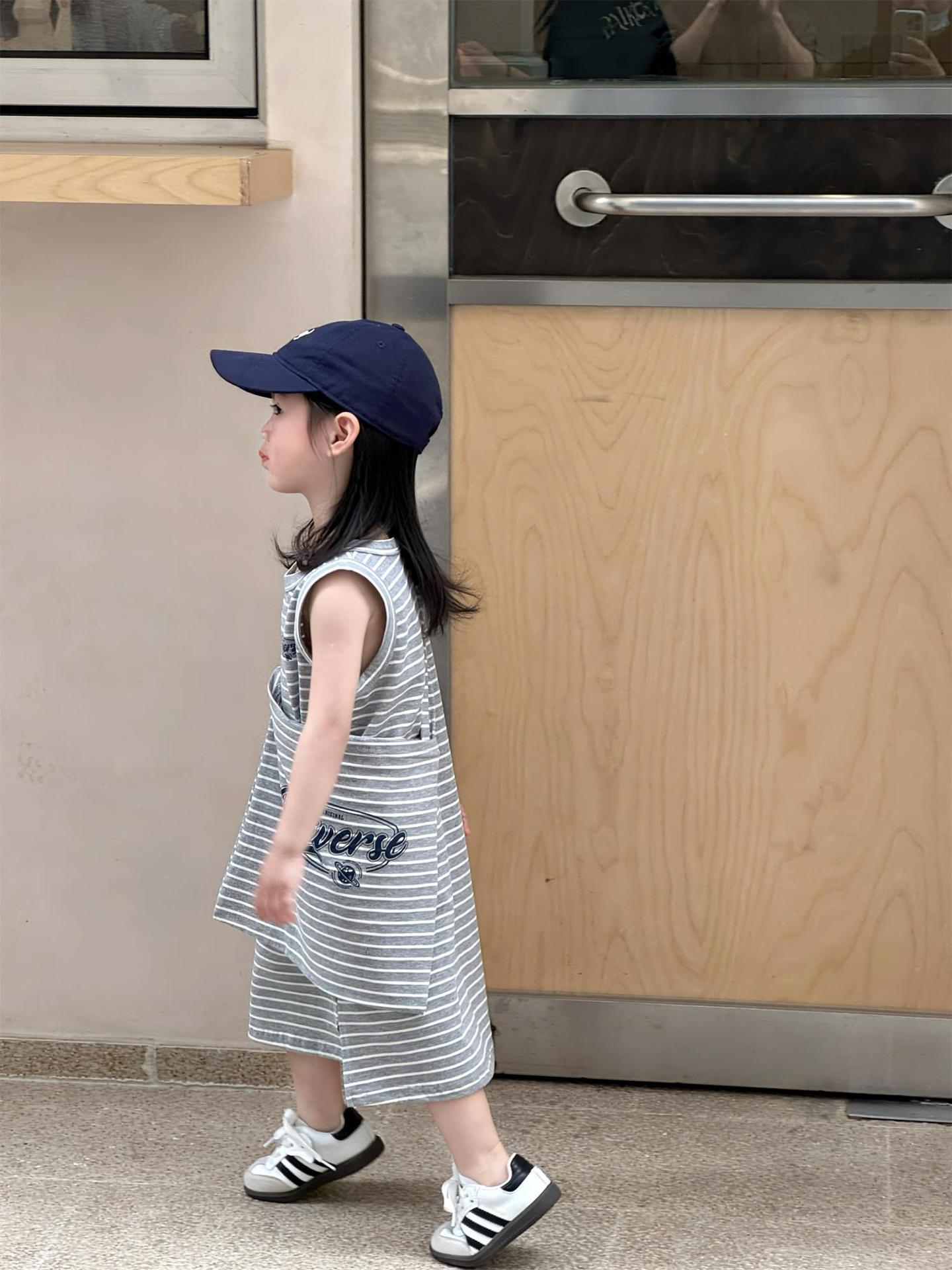 Casual Gray Striped With Bag Slit Hemline At Hem Long Children's Dress
