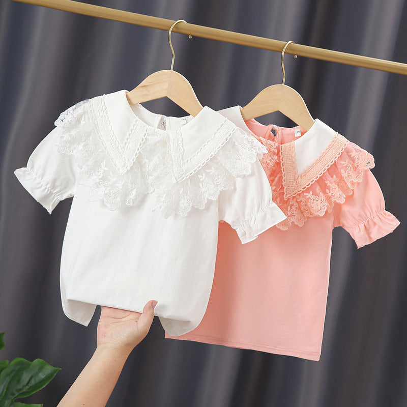 Short-sleeved Summer Thin Western Style Cotton Col Claudine Top Children's T-shirt