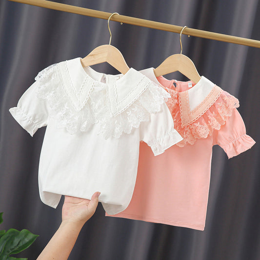 Short-sleeved Summer Thin Western Style Cotton Col Claudine Top Children's T-shirt
