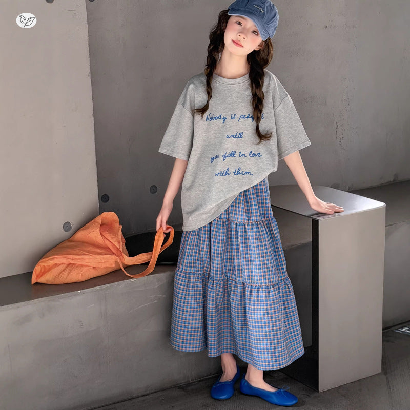 Tartan Skirt Loose Letter T-shirt Long Korean Style Short Sleeve Children's Suit