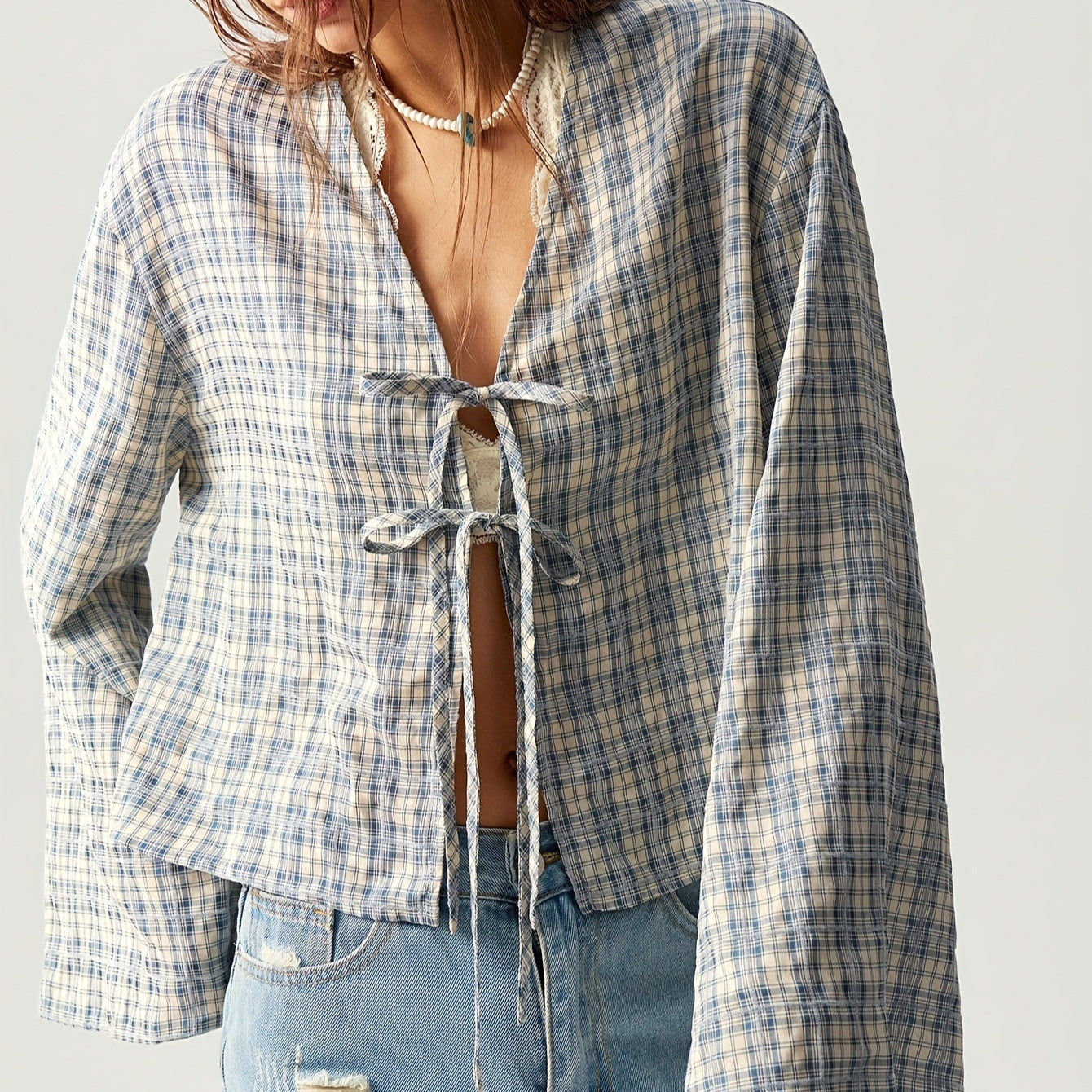 Women's American Retro Plaid Shirt Collar Flared Sleeve Blouse