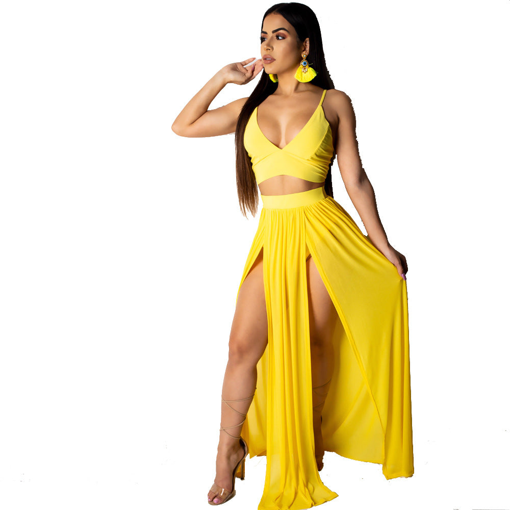 Summer Solid Color Suspender Split Chiffon Tops