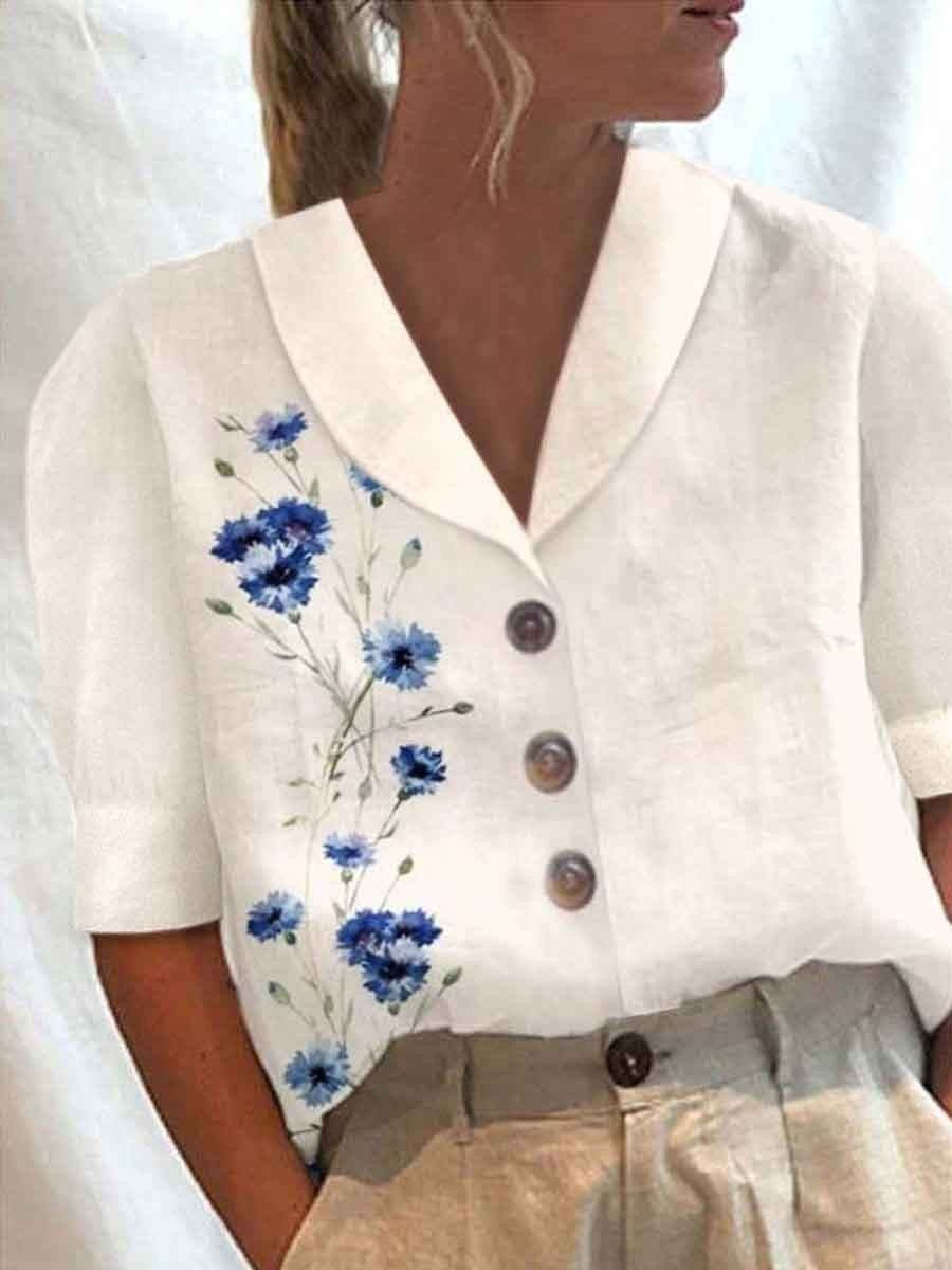 Women's Collar Button Casual Long Half Sleeve Cotton Blouse
