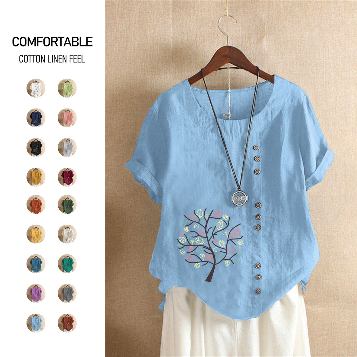 Women's Retro Large Casual Loose Cotton Linen Sleeve Pullover Happiness Women's T-shirt