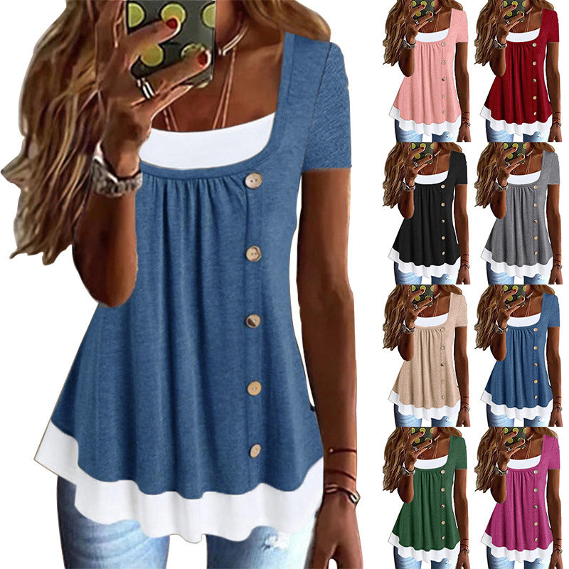 Women's Summer Round Neck Loose Pleated Button Two-piece Women's T-shirt