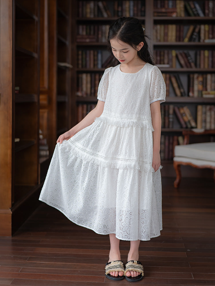 Hollow Embroidered White Cotton Summer Medium Children's Dress
