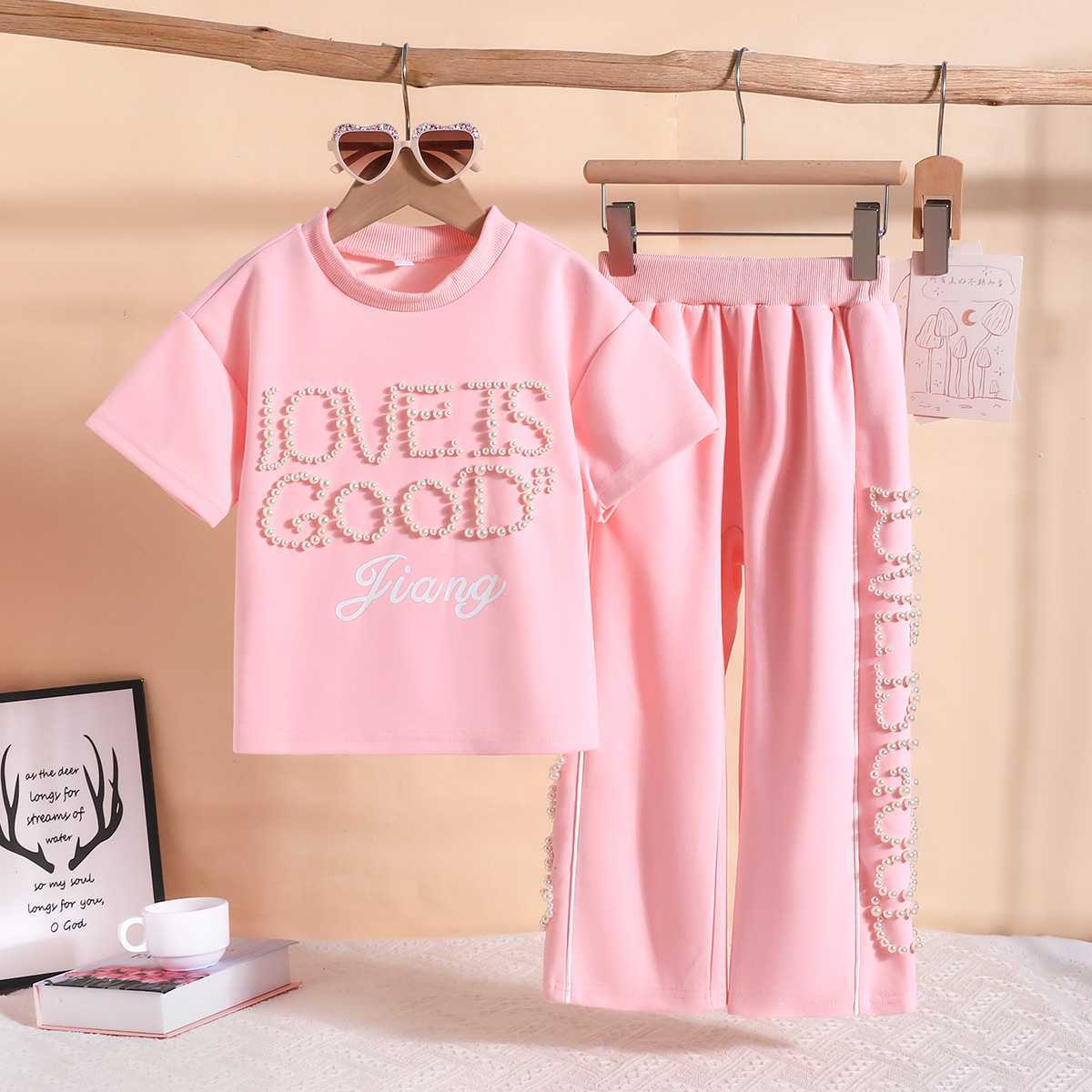Design Sense Pearl Letter Short Sleeve Children's Suit