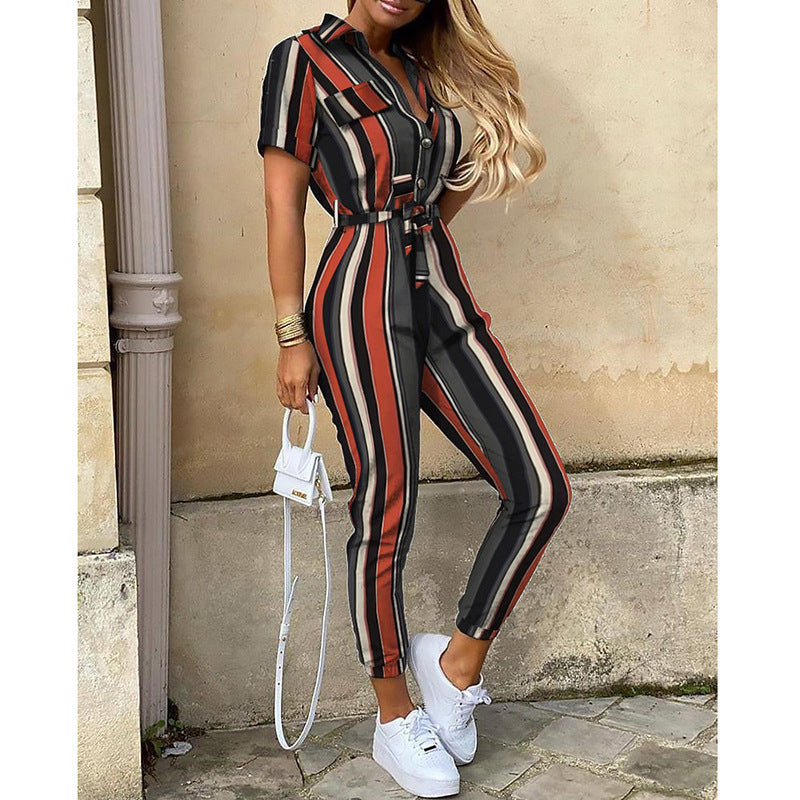 Women's Summer Trousers Lapel Button Printed Belt Casual Pants