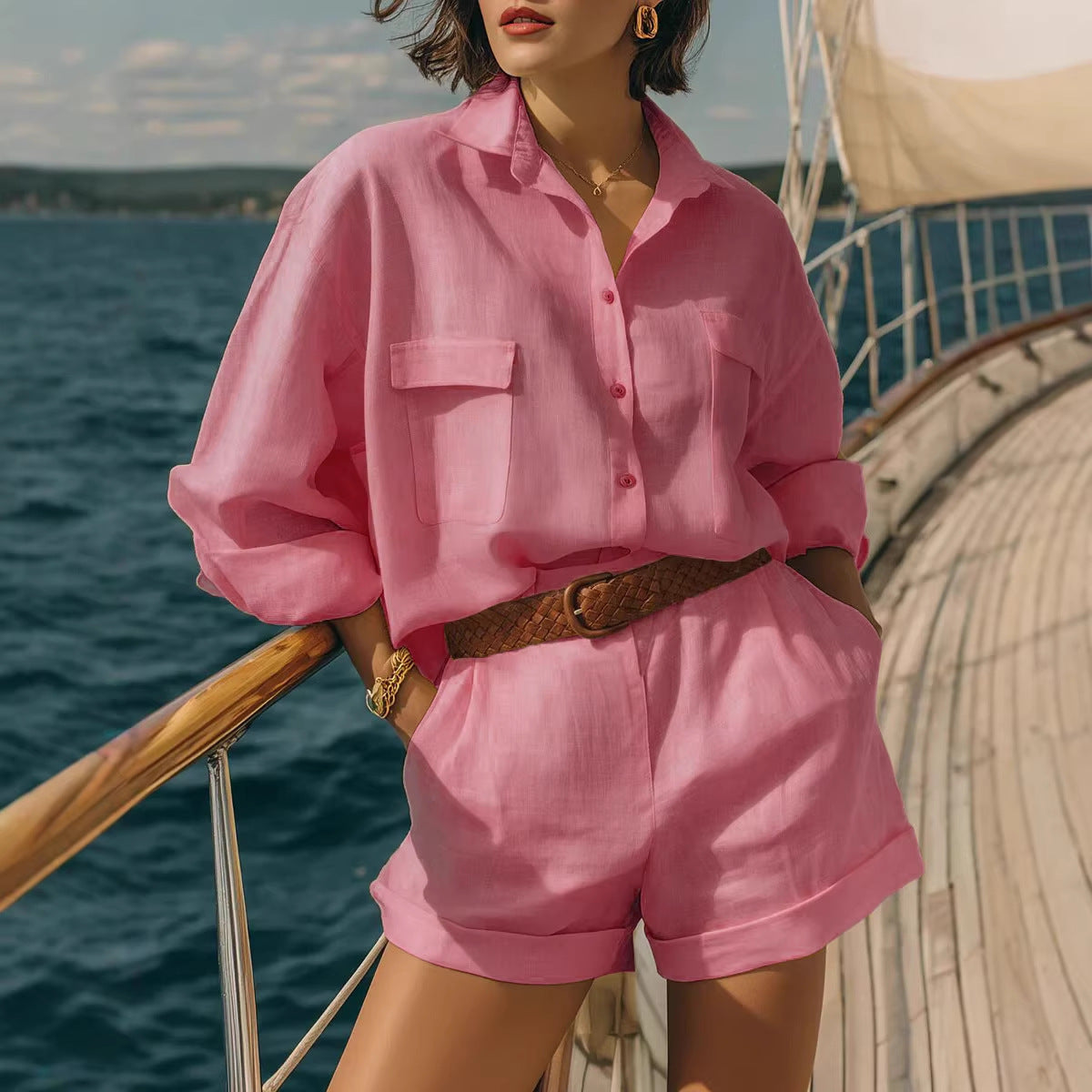 Women's Solid Color Loose Breasted Shirt Set Shorts