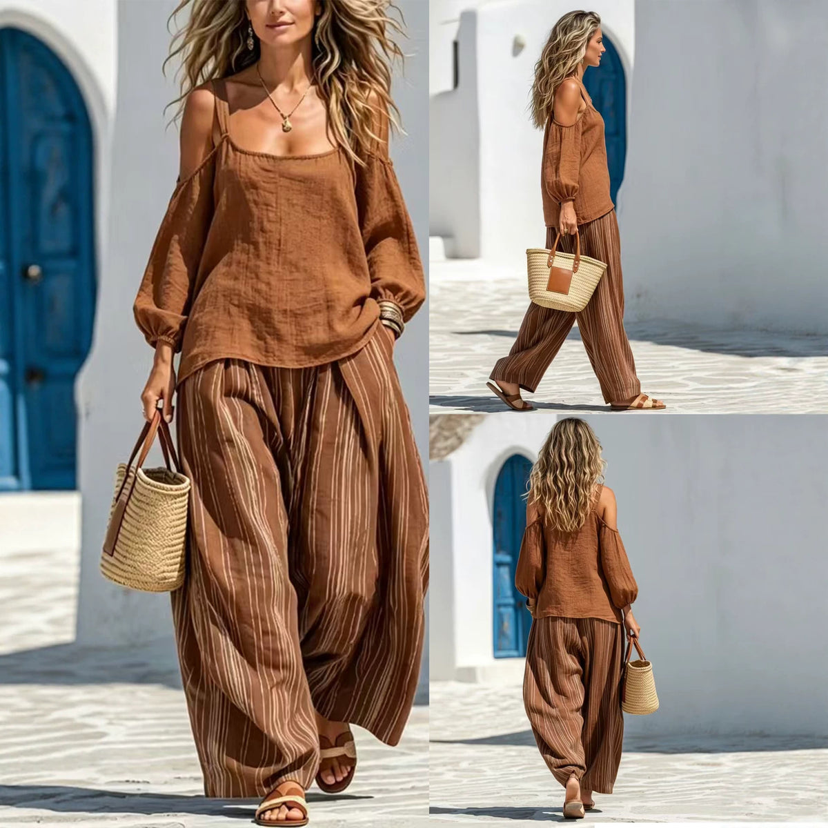 Women's Sling Wide Leg Loose Striped Hot Fashion Casual Suit