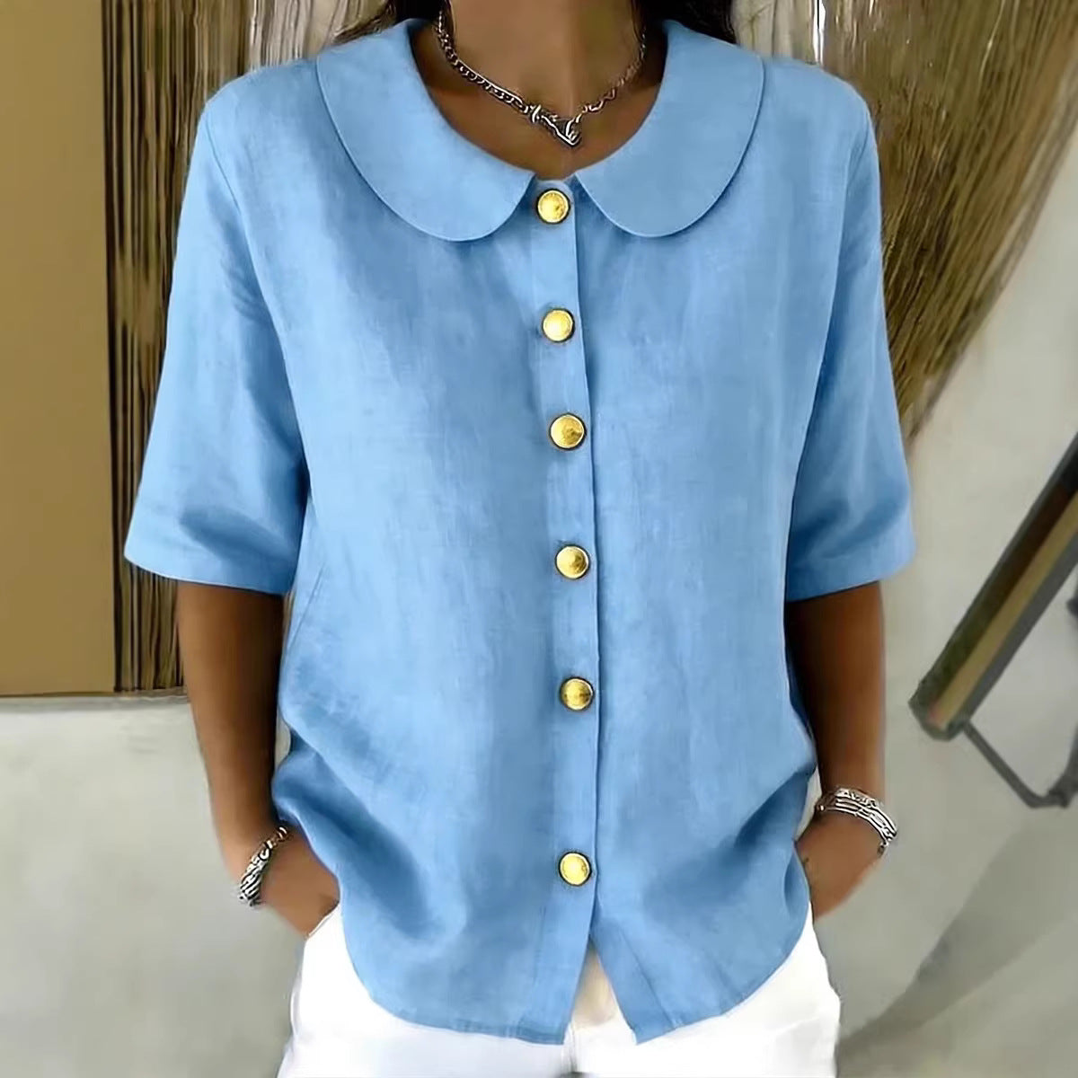 Women's Summer Elegant Fashion Button Linen Short-sleeved Blouse