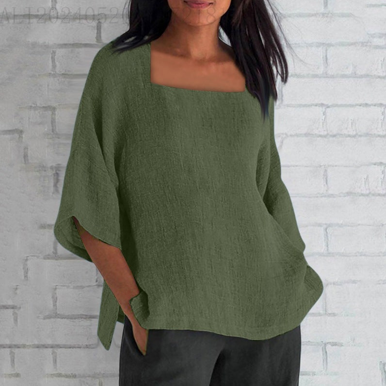 Women's Three-quarter Sleeve Square Collar Cotton Linen Blouse