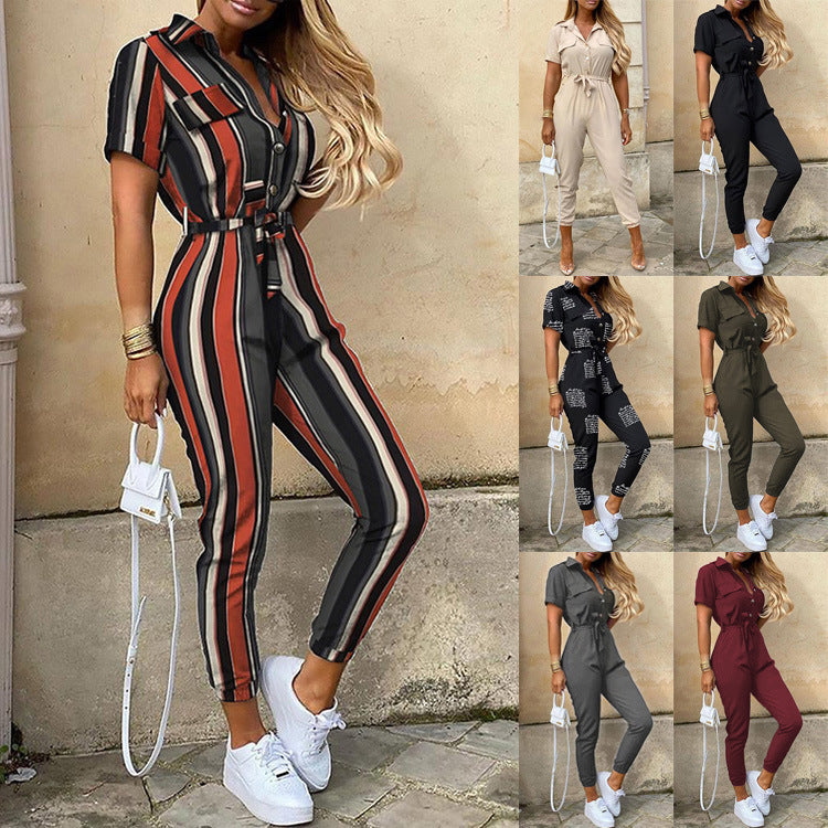 Women's Summer Trousers Lapel Button Printed Belt Casual Pants