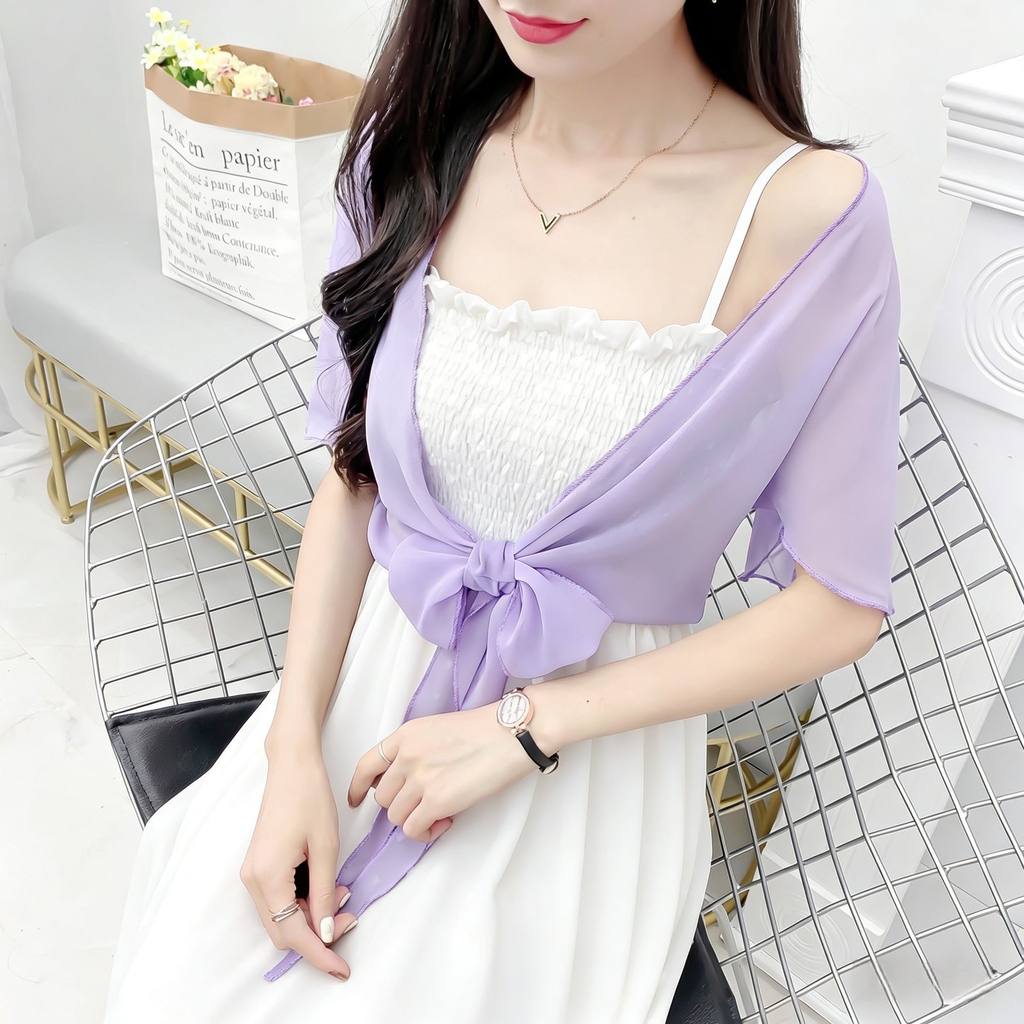 Women's Fashionable Outer Wear Shawl Summer Matching Lace Shirt, Chiffon Shirt