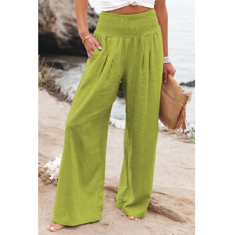 Women's Cotton Linen Pure Color Elastic Waist Wide Leg Casual Pants