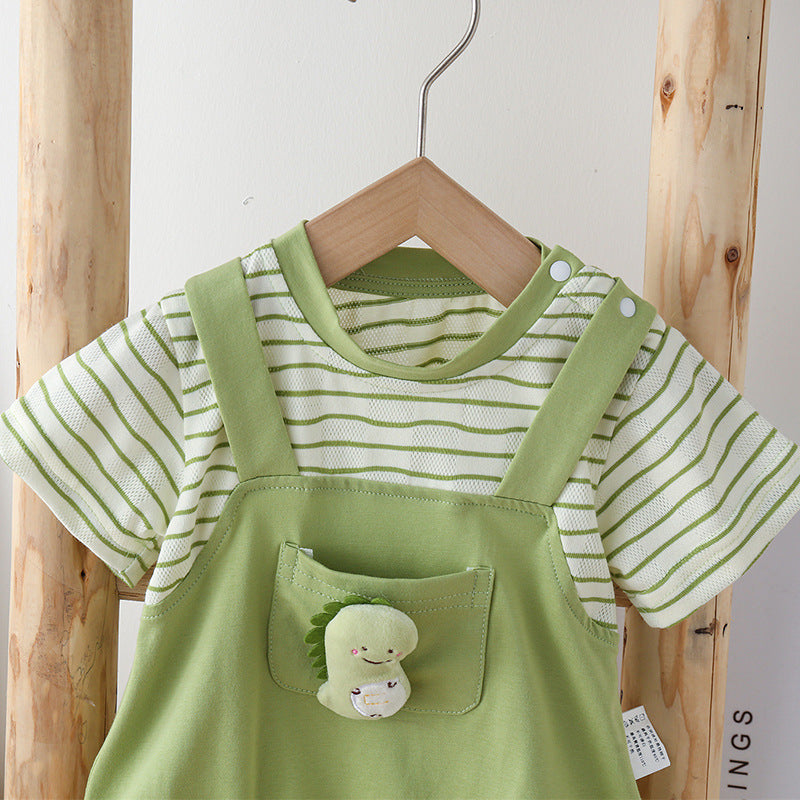 Babies Unisex Short Sleeve Romper Cartoon Cute Strap Fake Two Jumpsuit, Climbing Suit
