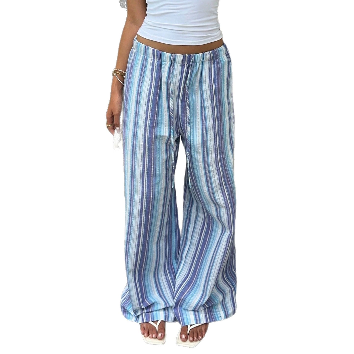 Striped Drawstring Elastic Waist Vacation Style Casual Pants