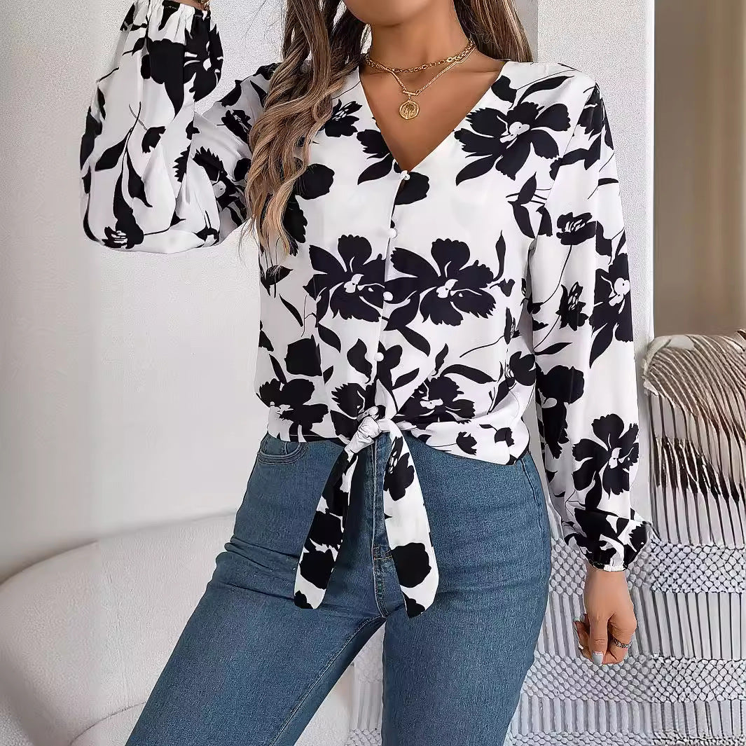 Women's Casual Contrast Color Flower Lantern Sleeve Lace Shirt, Chiffon Shirt