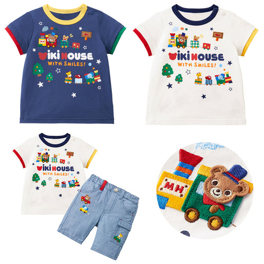 Children's Clothing Boy Cartoon Good Friend Train Bear Embroidery Children's T-shirt