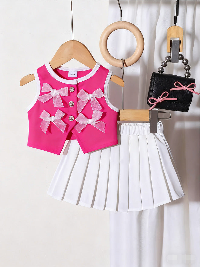 Comfortable Fashion Bow Vest Pleated Skirt Children's Suit