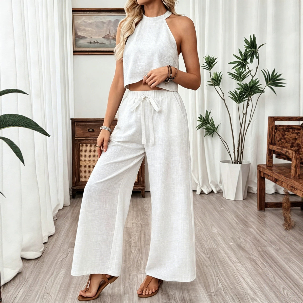 Women's Halter Sleeveless Wide Leg For Two-piece Fashion Casual Suit