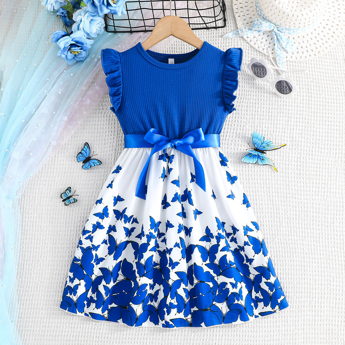 Short-sleeved Flounced Sleeve Sunken Stripe Stitching Butterfly Children's Dress