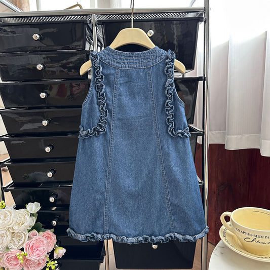 Summer Korean Style Fungus Edge Solid Color Western Classic Denim Children's Dress