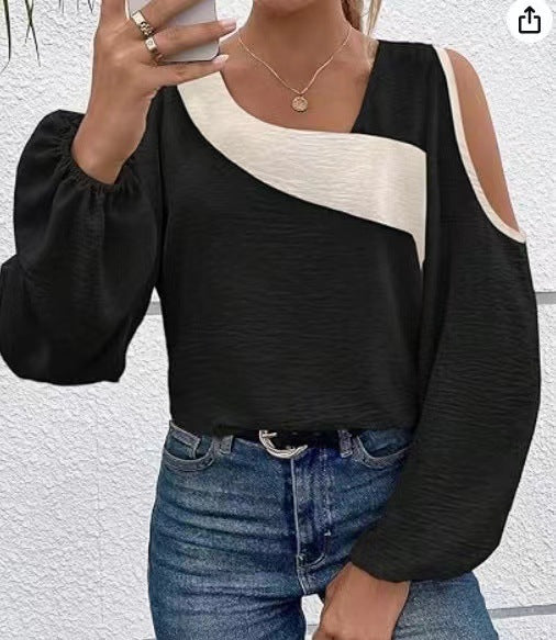 Women's Pullover Diagonal Collar Long Sleeve Loose Blouse