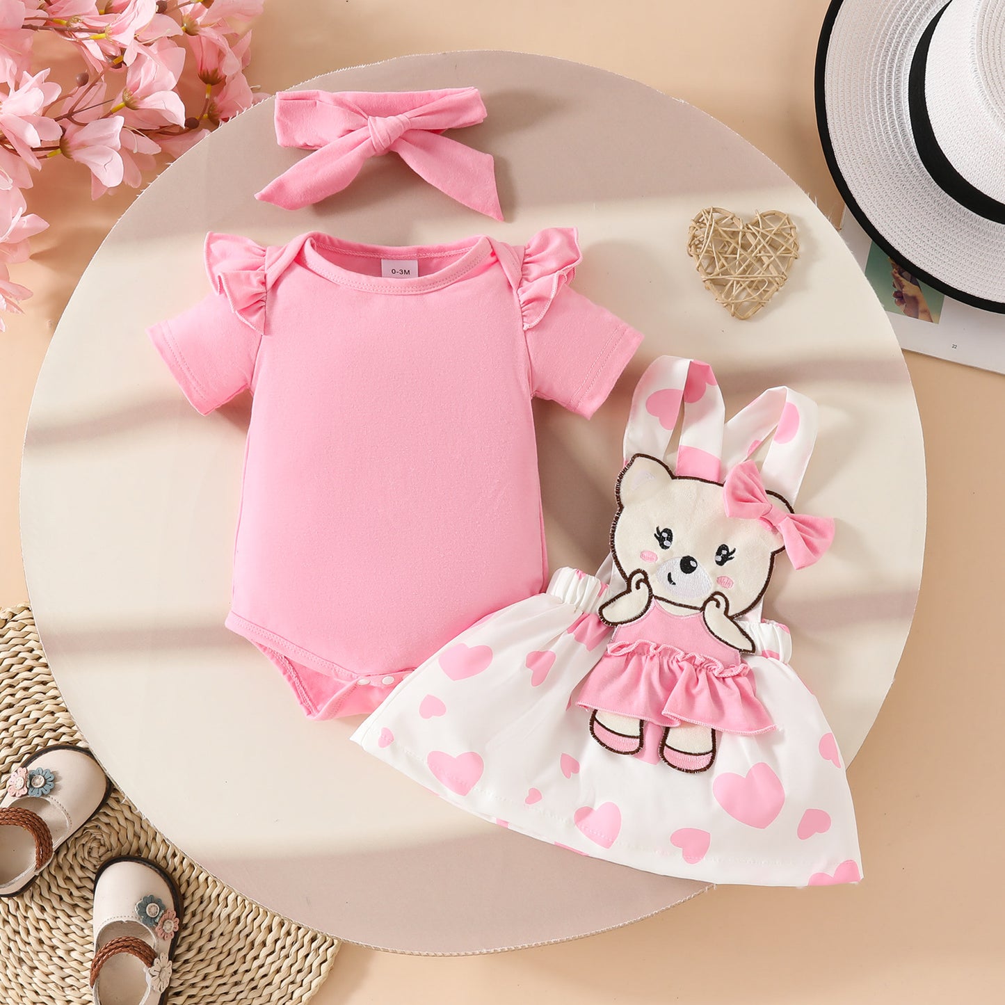 Cute Cartoon Bear Love Solid Color Short Sleeve Top Suspender Children's Suit