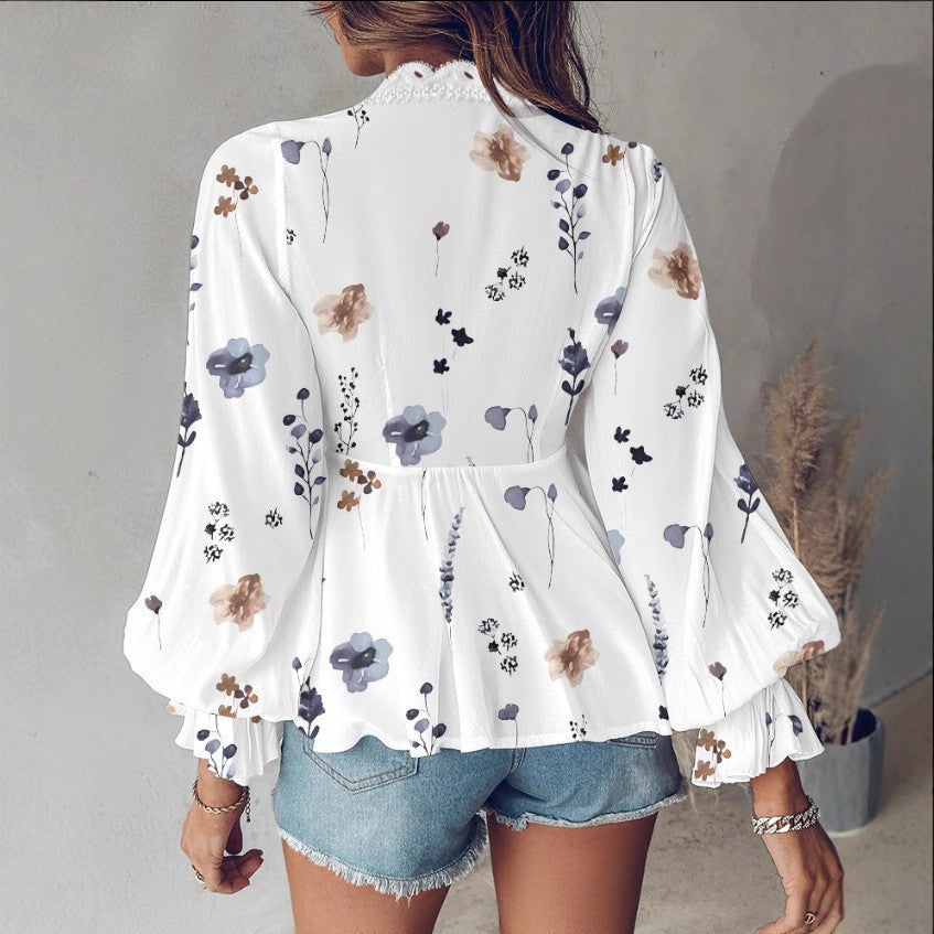 Elegant Women's Lace Stitching Printing Shirt Blouse