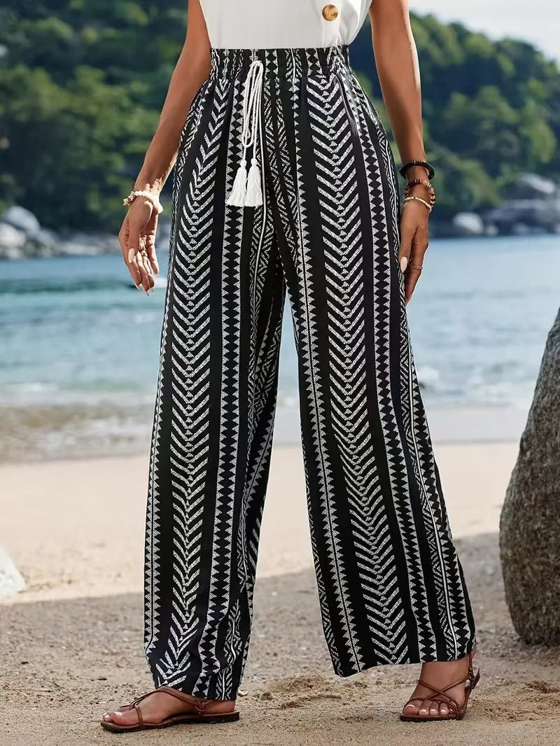 Women's Geometric Print Pattern Elastic Comfort Fashion Straight Casual Pants