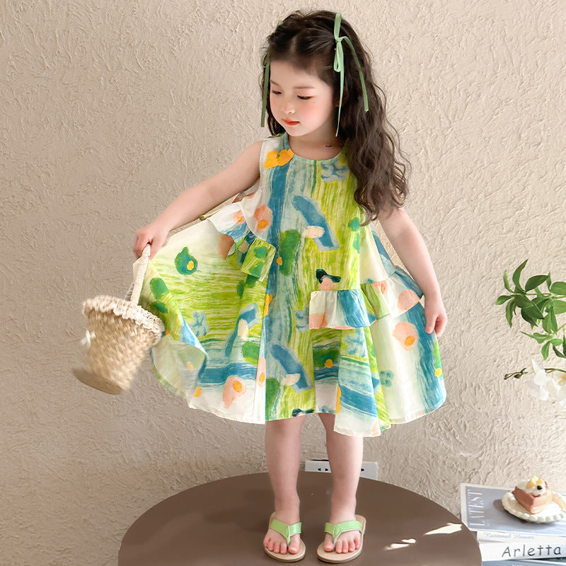 Children's Western Style Fashion Sleeveless Beach Skirt Cotton Children's Dress