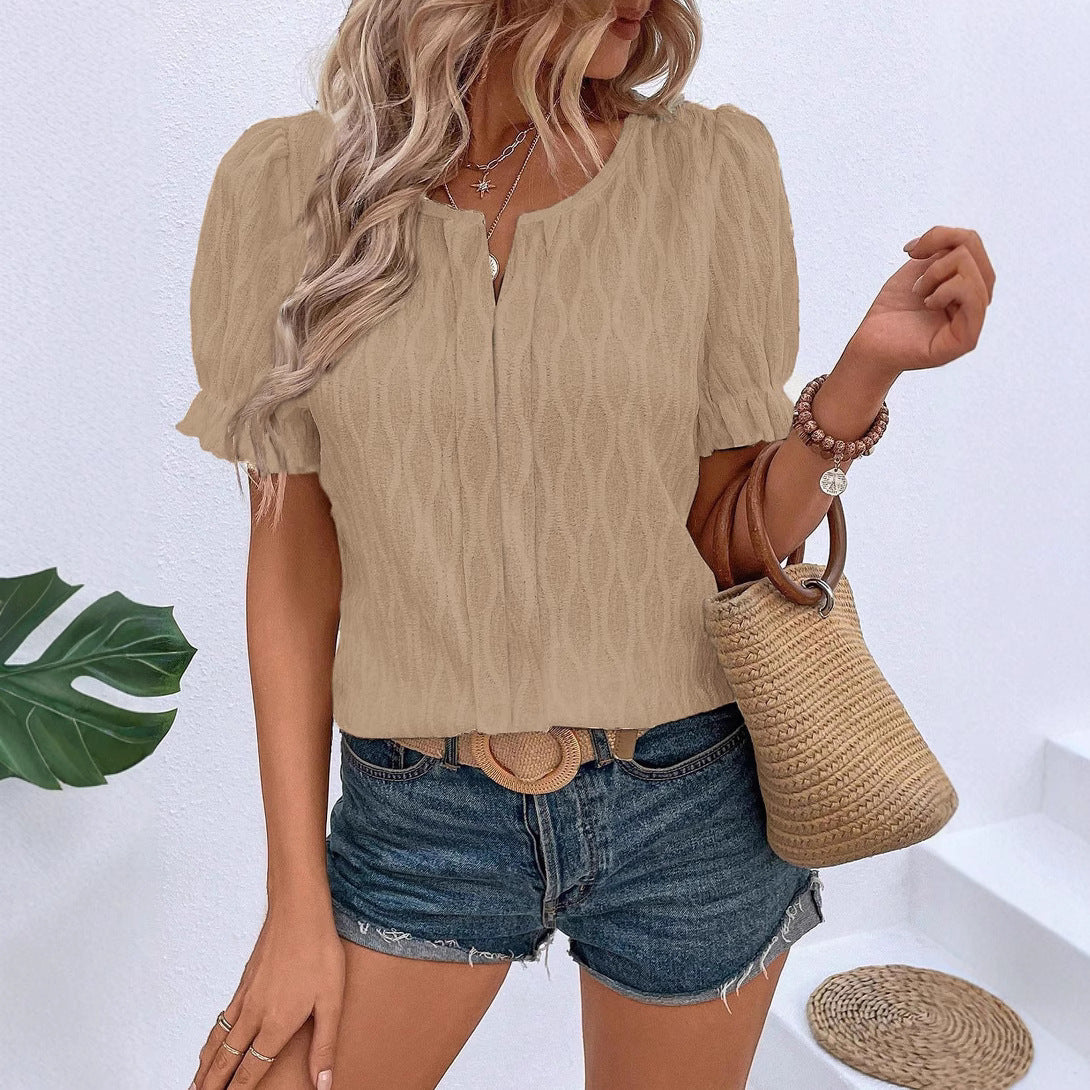 Women's T-shirt Puff Sleeve Jacquard Casual Loose Lace Shirt, Chiffon Shirt