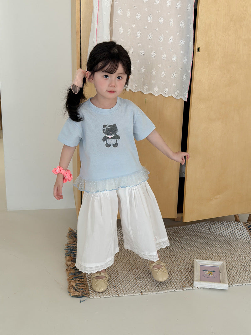 Children's Field Korean Style Stitching Flocking Mesh Summer Cartoon Animal Children's T-shirt