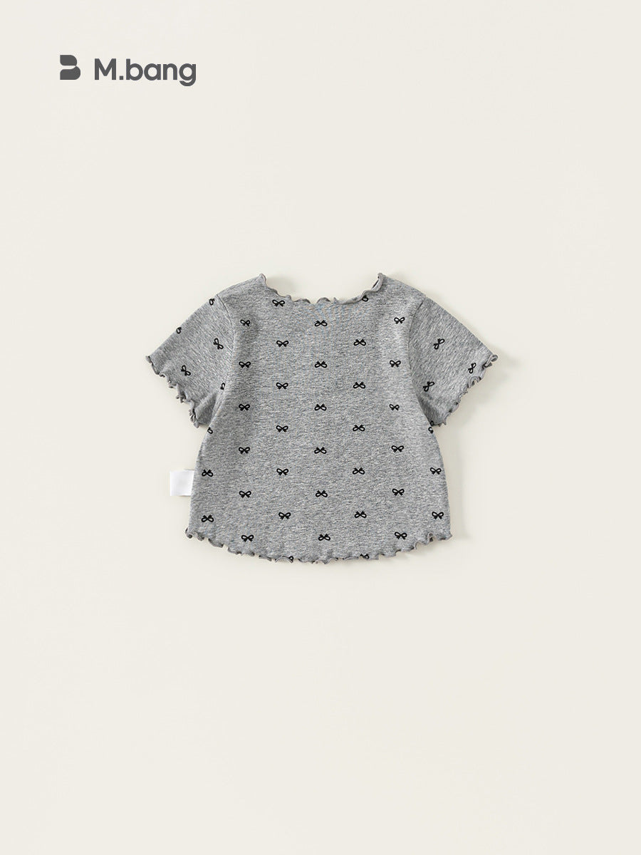 Children's Clothing Summer Korean Top Wooden Ear Bow Printed Children's T-shirt