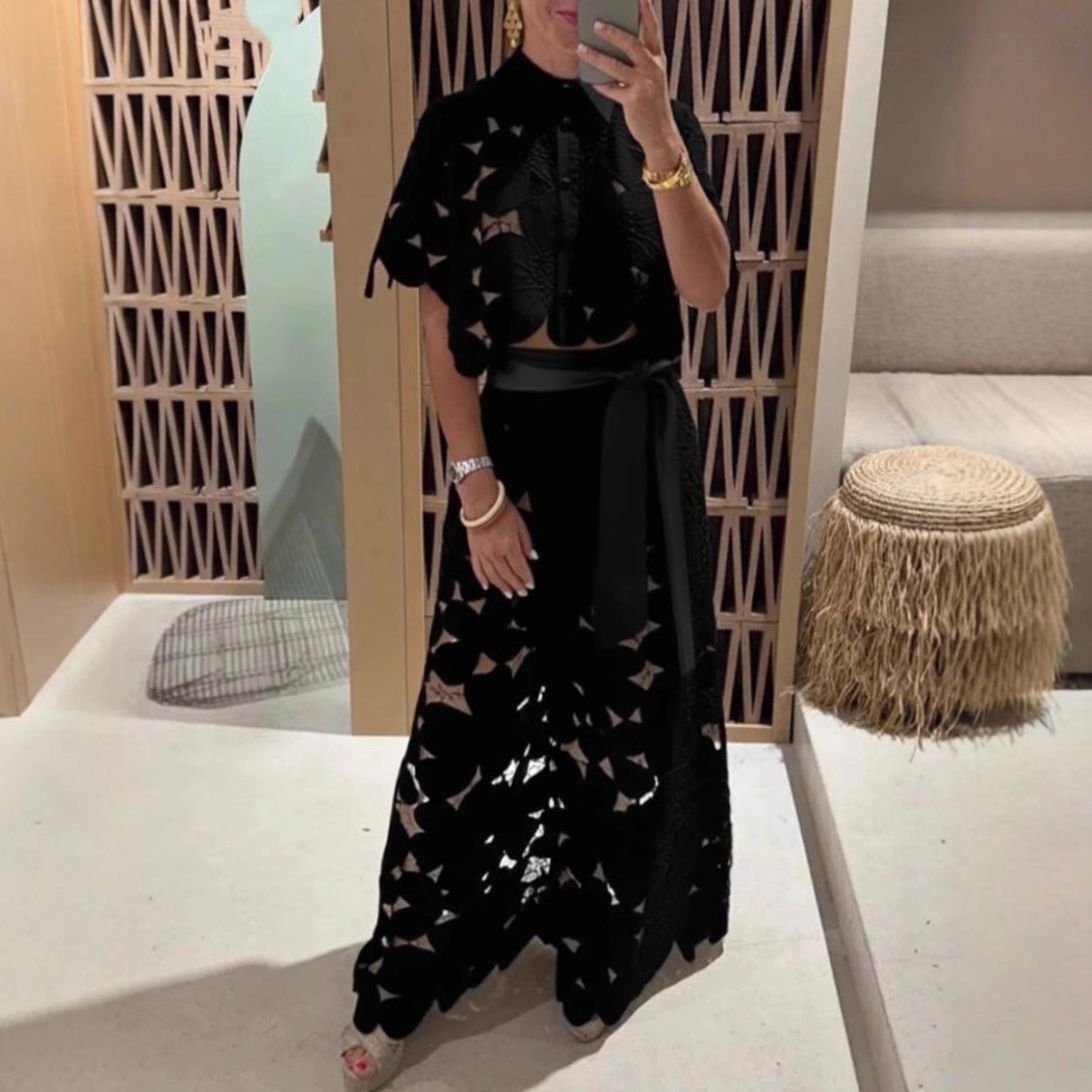 Women's Color Sexy Cutout Wide Leg Two-piece Cardigans