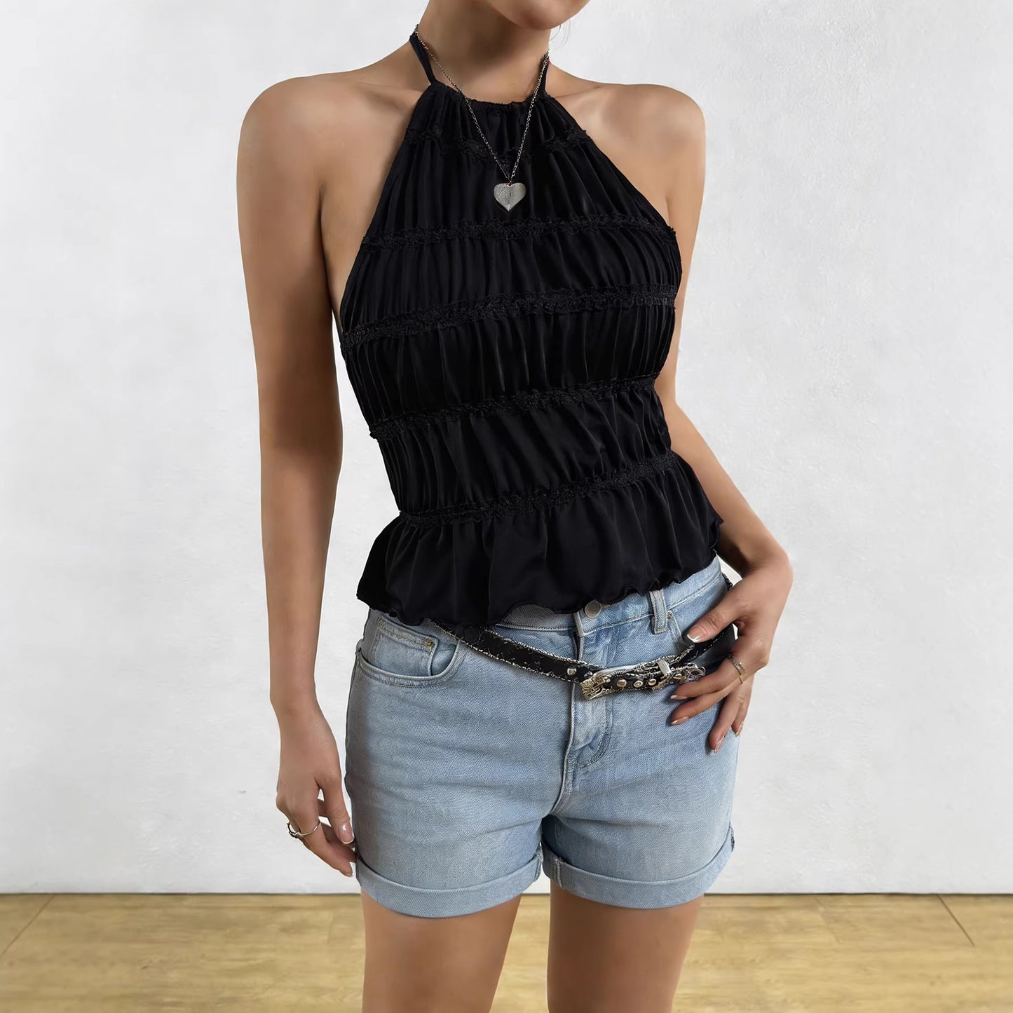 Women's Solid Color Pleated Halter Summer Design Back Backless Small Vest/suspenders/tube Top