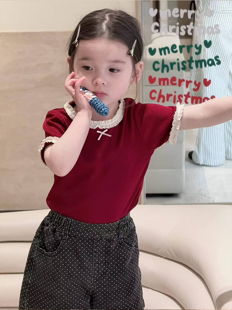 Lace Collar Short-sleeved T-shirt Polka Dot Short Children's Suit