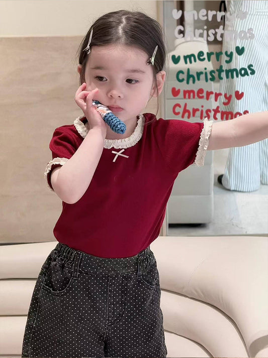 Lace Collar Short-sleeved T-shirt Polka Dot Short Children's Suit