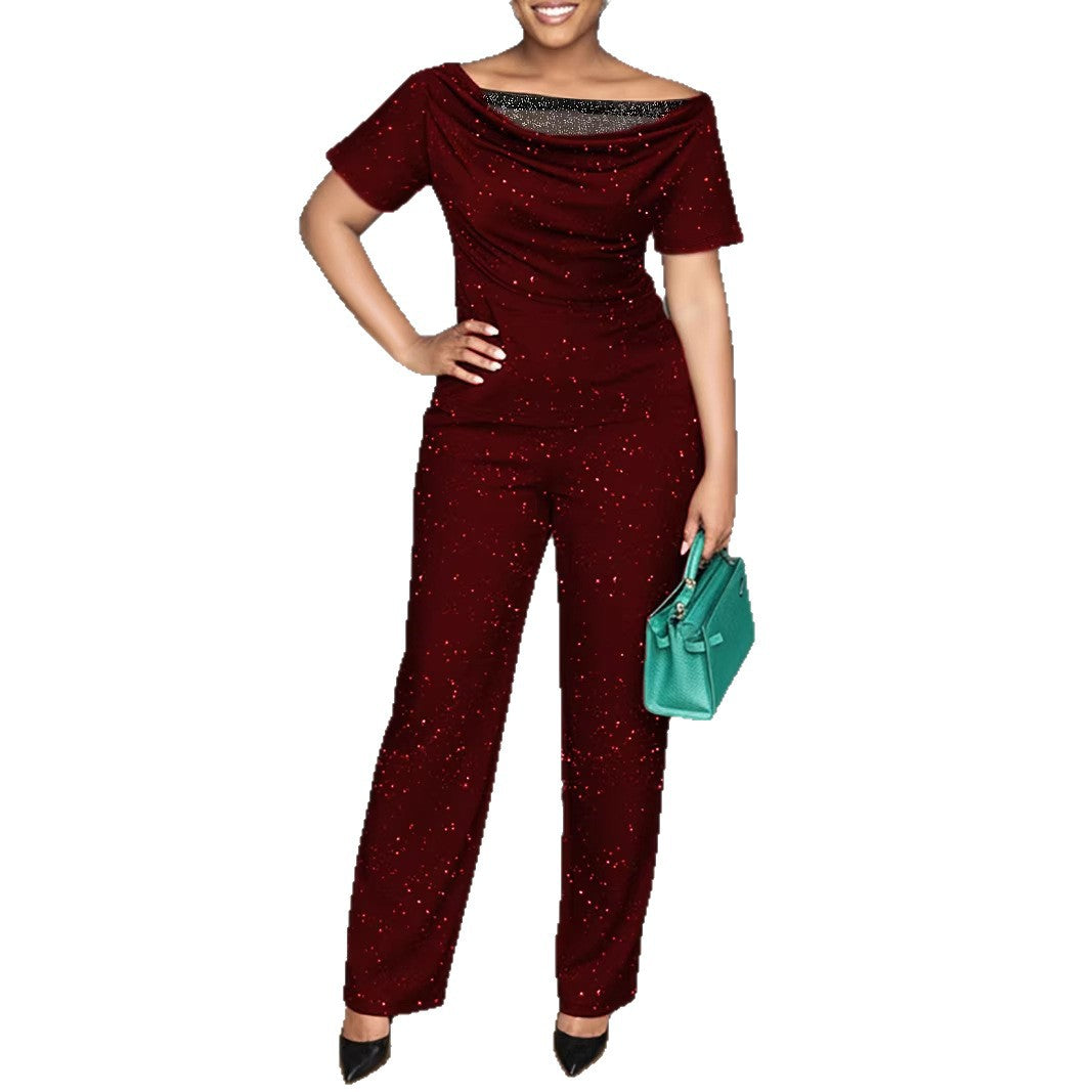 Summer Bronzing Lace Stitching Short-sleeved Two-piece Pants